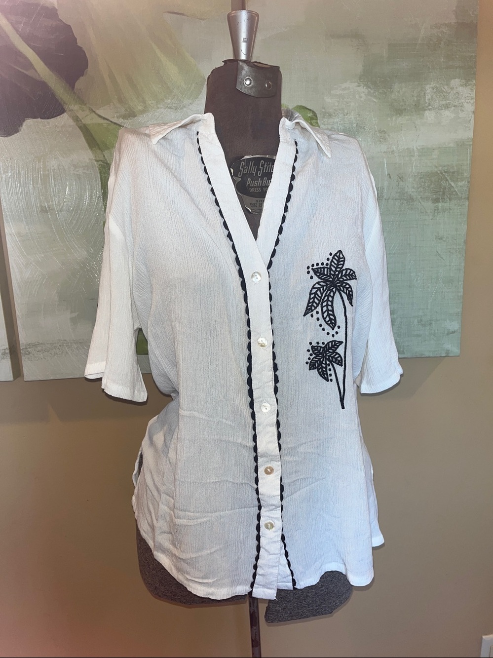 Crescent Bay NWT white Button-Up Top 100% Rayon – White/black embroidered design